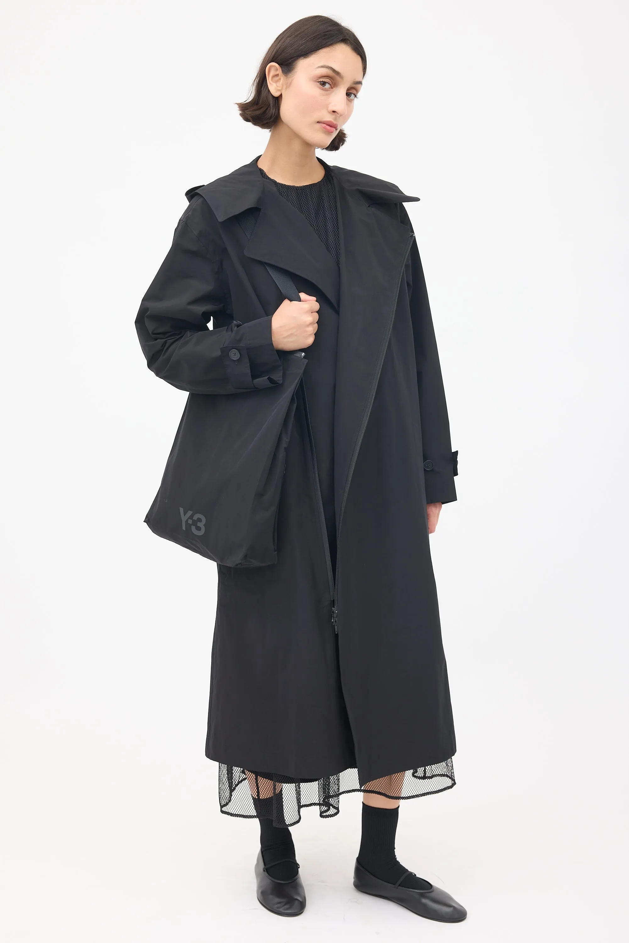 Black Nylon Logo Backpack Trench Coat