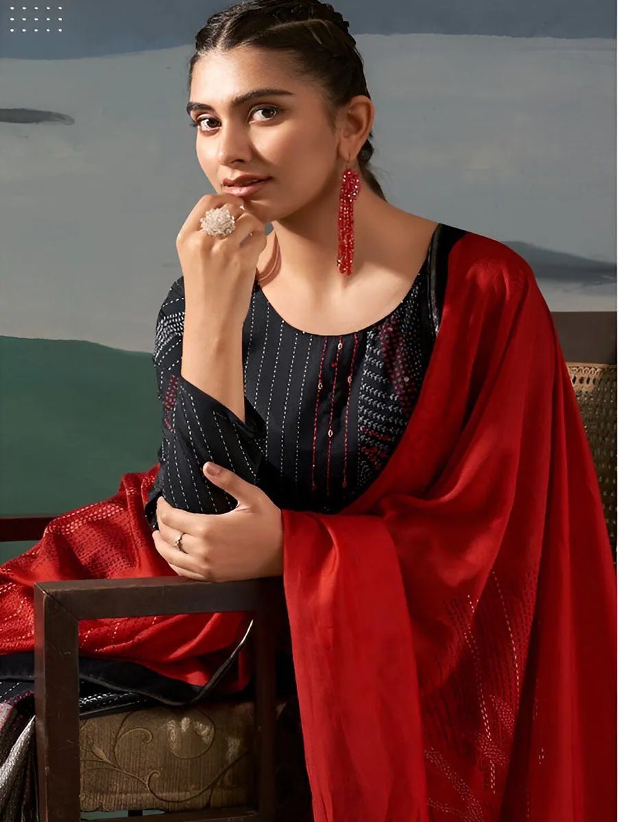 Black Pure Viscose Muslin Party Wear Unstitched Suit for Women