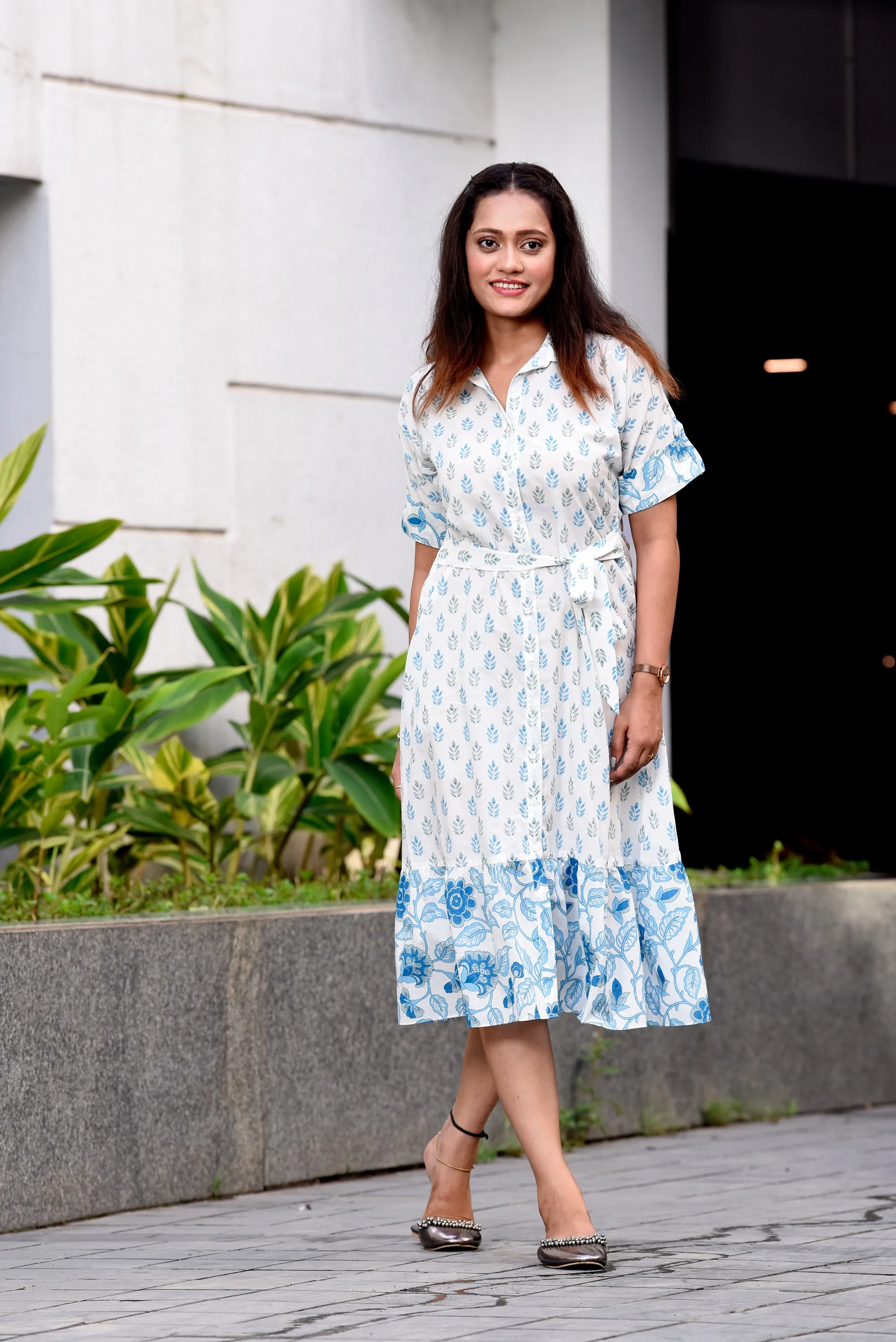 Blue Shirt Dress with Tie-Up Belt