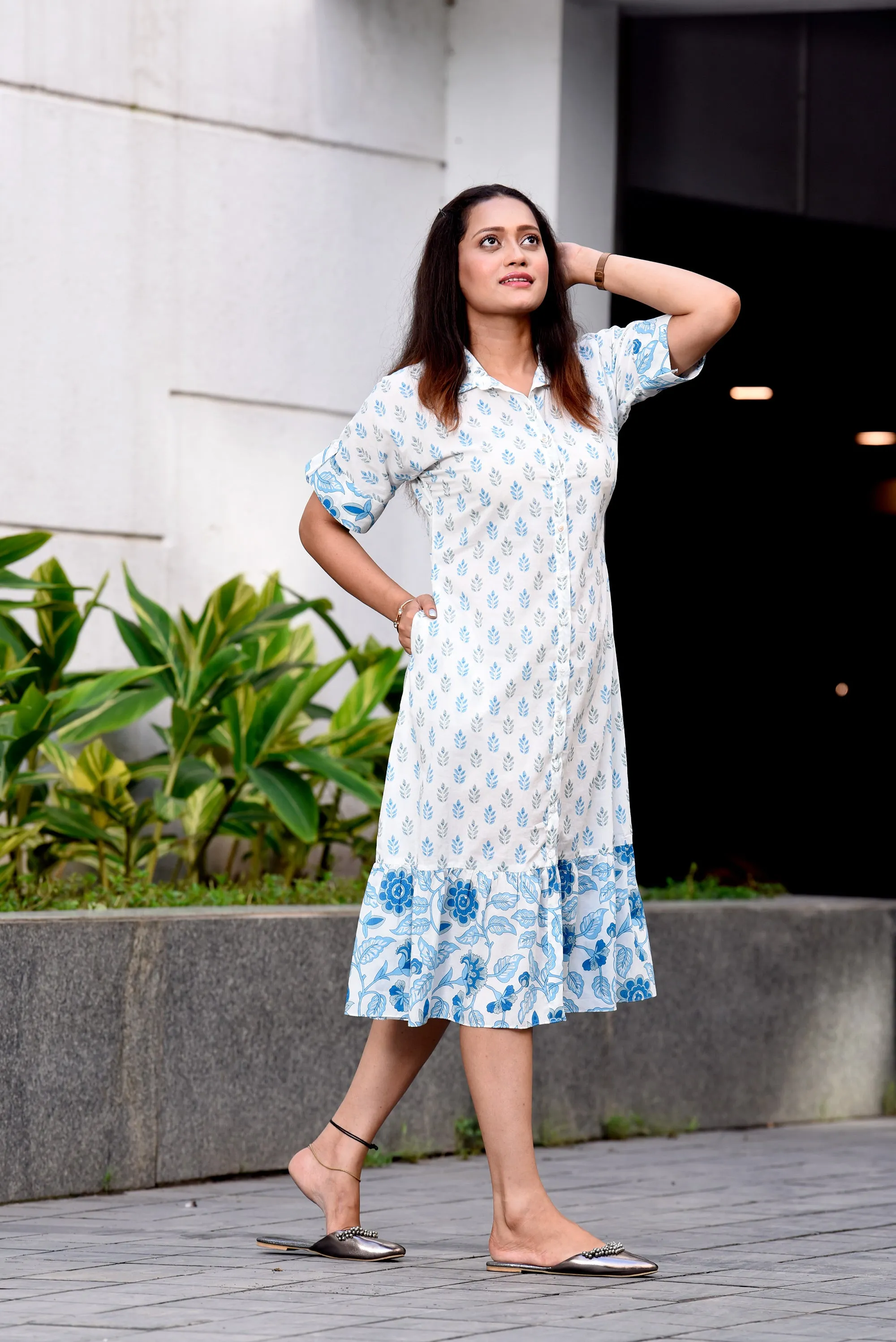 Blue Shirt Dress with Tie-Up Belt