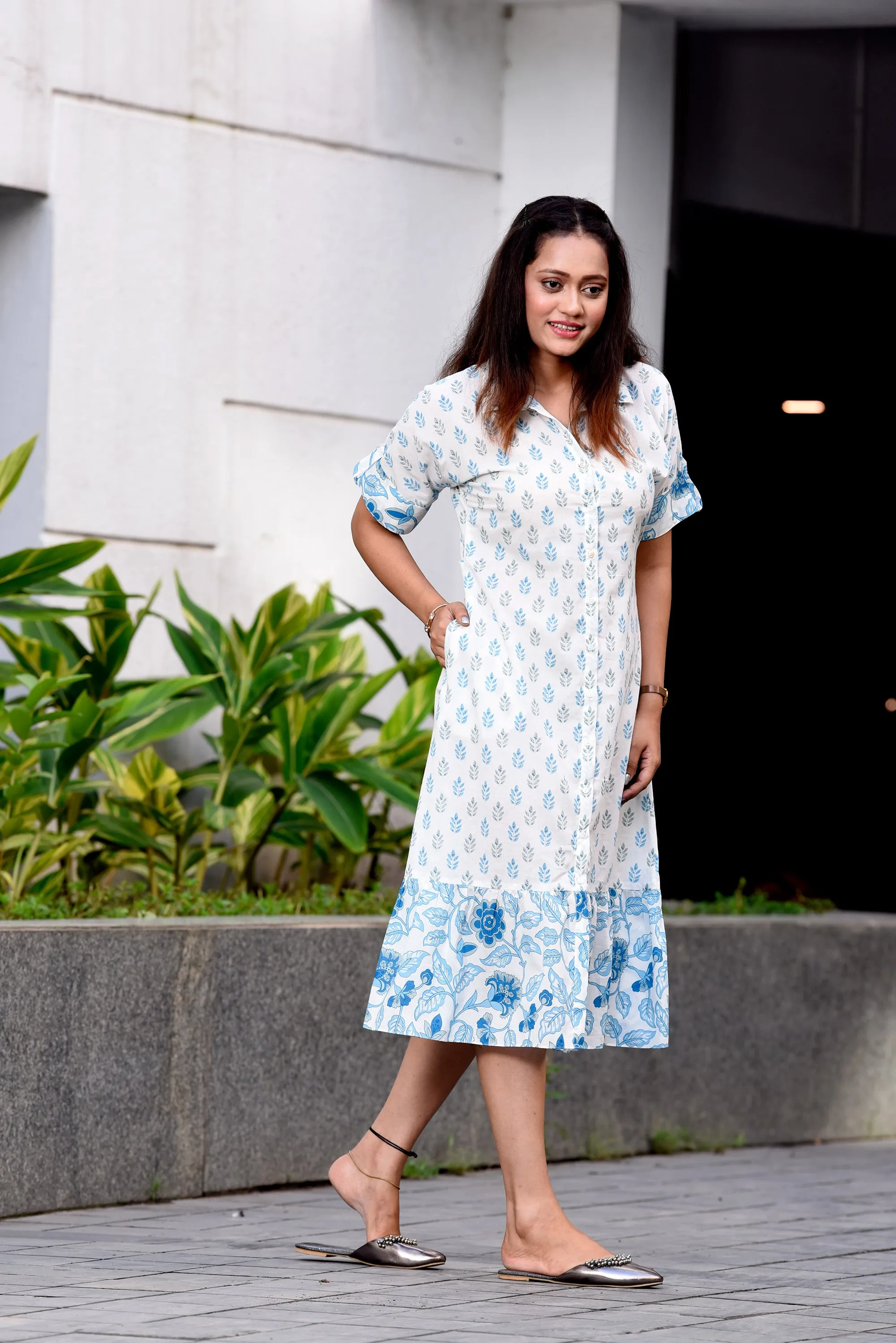 Blue Shirt Dress with Tie-Up Belt