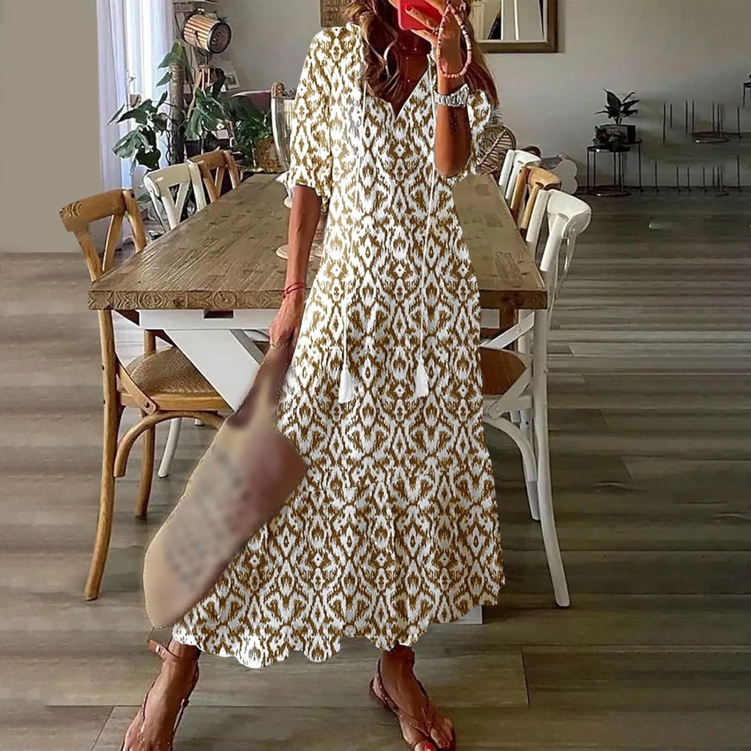 Boho Dress for Women Half Sleeve V Neck Tassel Maxi Dresses Floral Printed Flowy A-Line Beach Vacation Dresses