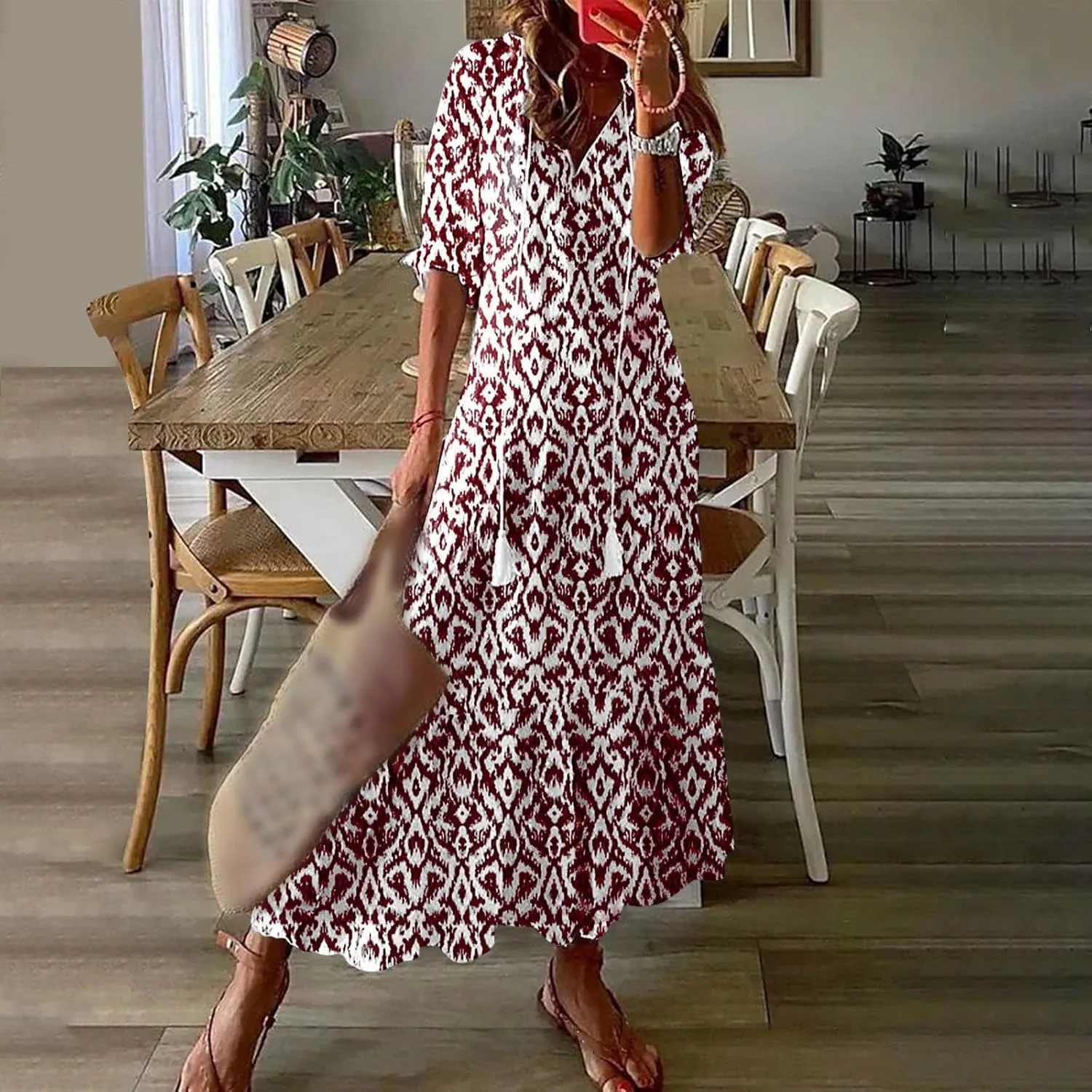 Boho Dress for Women Half Sleeve V Neck Tassel Maxi Dresses Floral Printed Flowy A-Line Beach Vacation Dresses