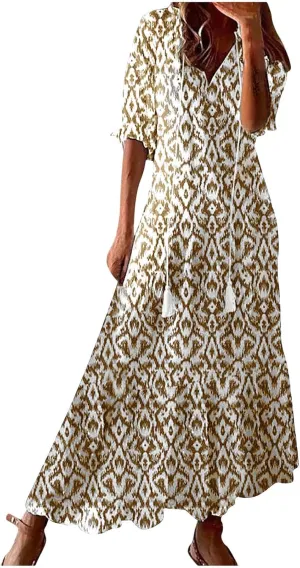 Boho Dress for Women Half Sleeve V Neck Tassel Maxi Dresses Floral Printed Flowy A-Line Beach Vacation Dresses