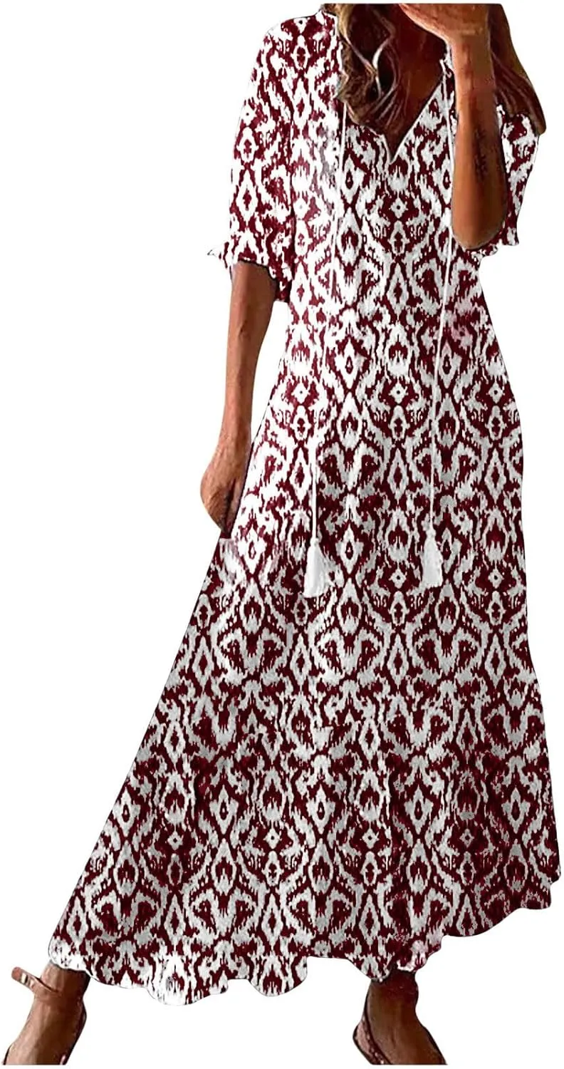Boho Dress for Women Half Sleeve V Neck Tassel Maxi Dresses Floral Printed Flowy A-Line Beach Vacation Dresses