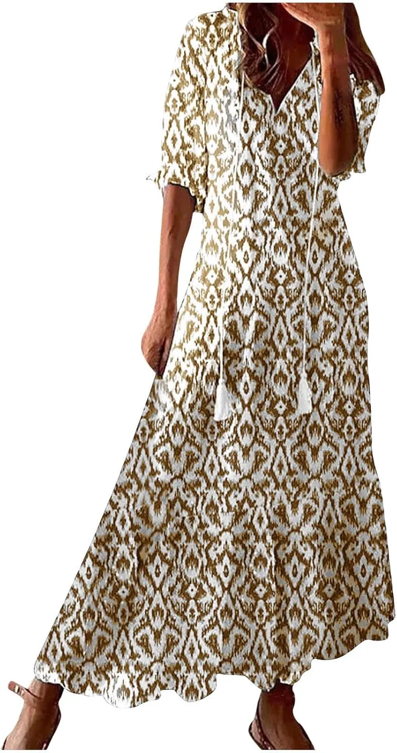 Boho Dress for Women Half Sleeve V Neck Tassel Maxi Dresses Floral Printed Flowy A-Line Beach Vacation Dresses