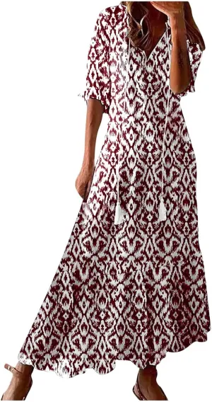 Boho Dress for Women Half Sleeve V Neck Tassel Maxi Dresses Floral Printed Flowy A-Line Beach Vacation Dresses