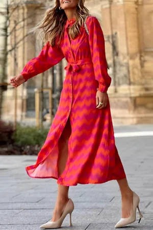Casual Print Patchwork Turndown Collar Shirt Dress Dresses