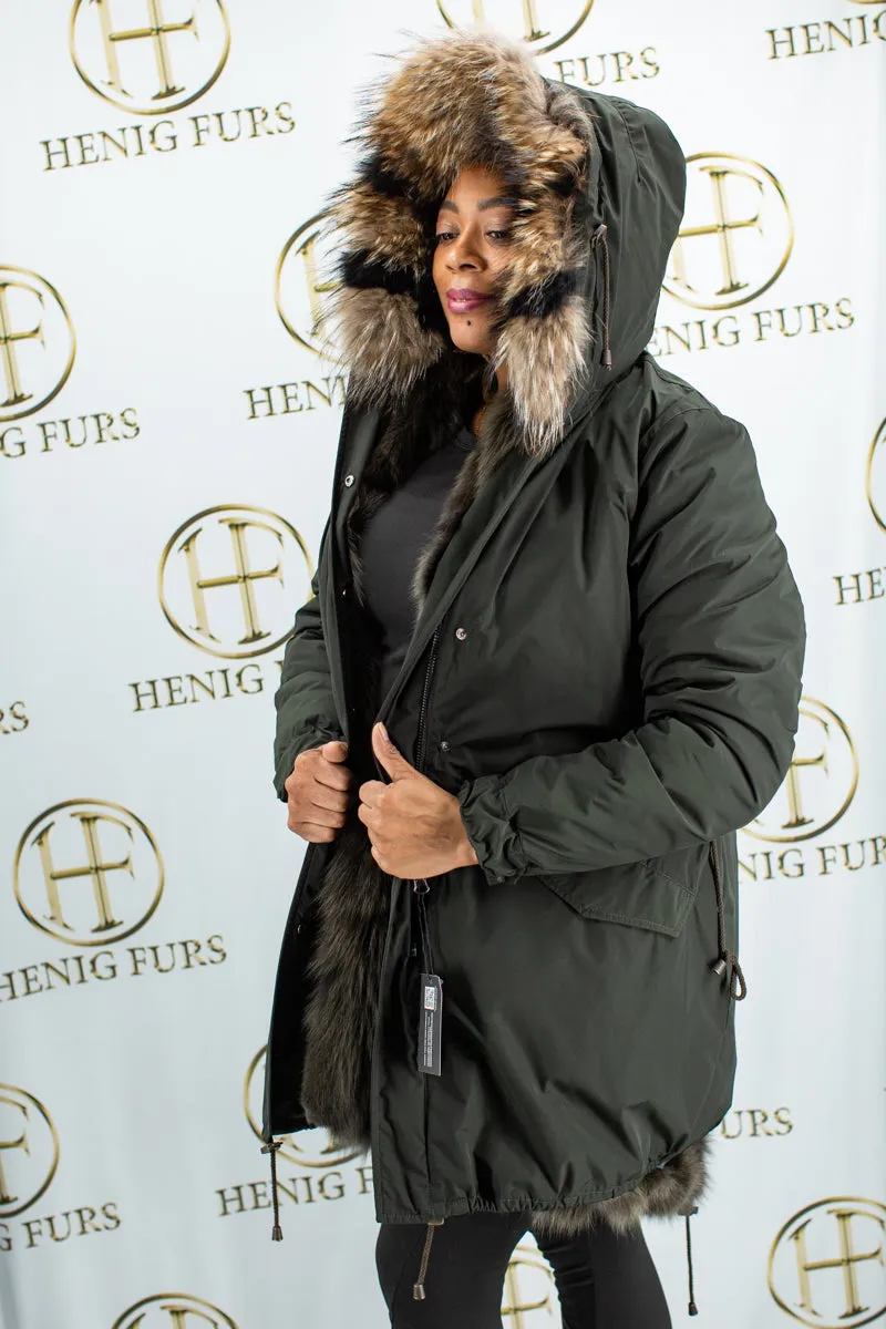 Cloth Stroller with Detachable Fox Fur Vest Lining & Raccoon Fur Trimmed Hood