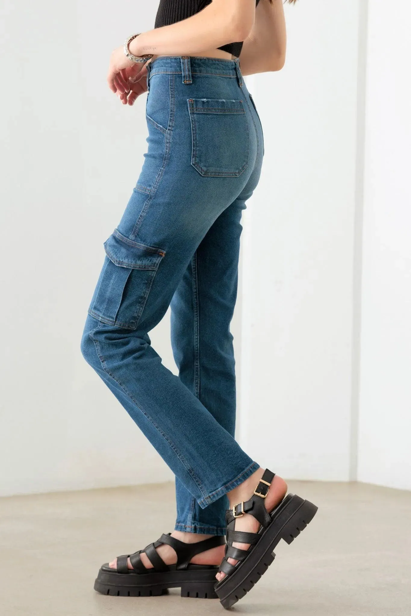 Dark Blue Cotton High Rise Wide Cargo Jeans