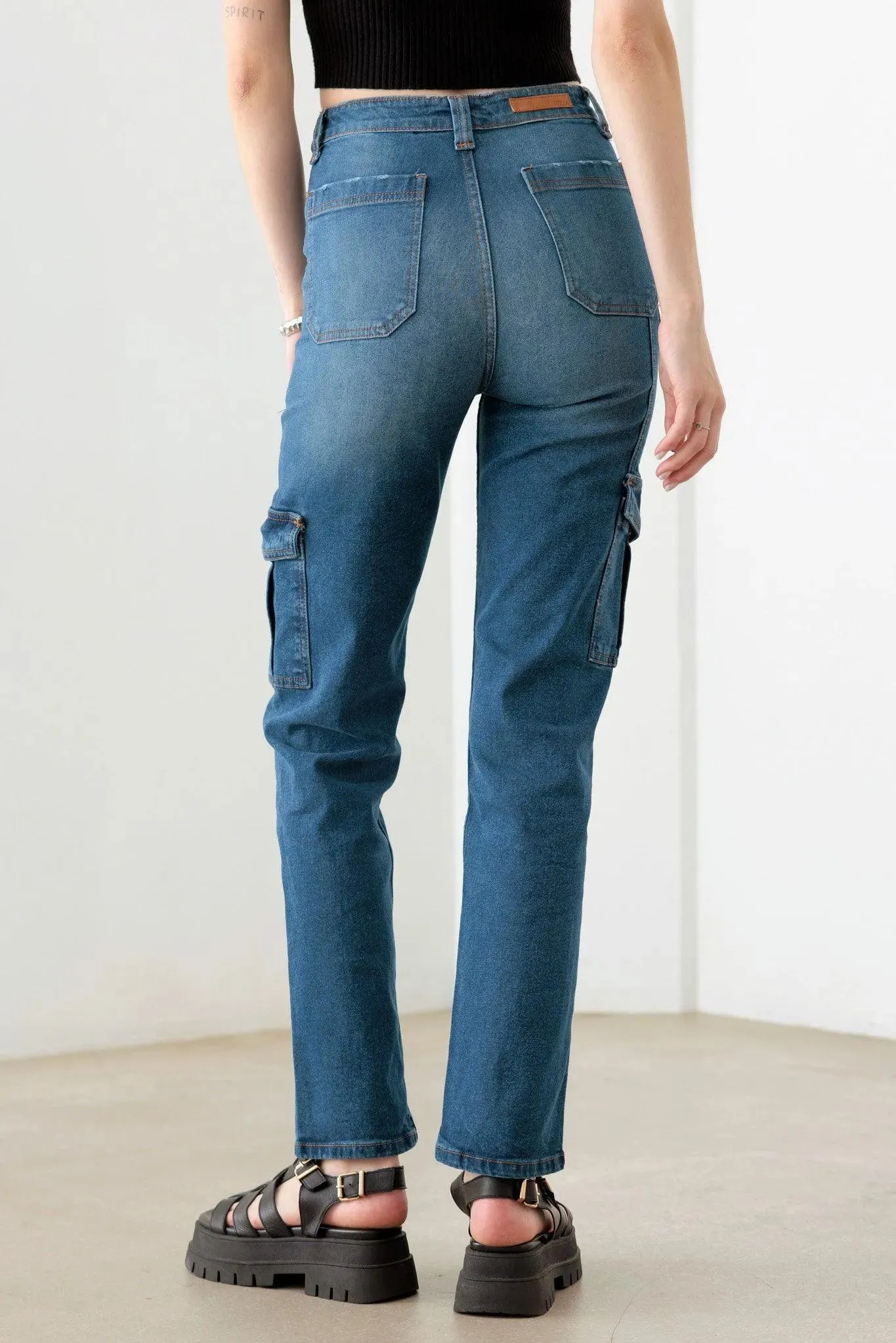 Dark Blue Cotton High Rise Wide Cargo Jeans