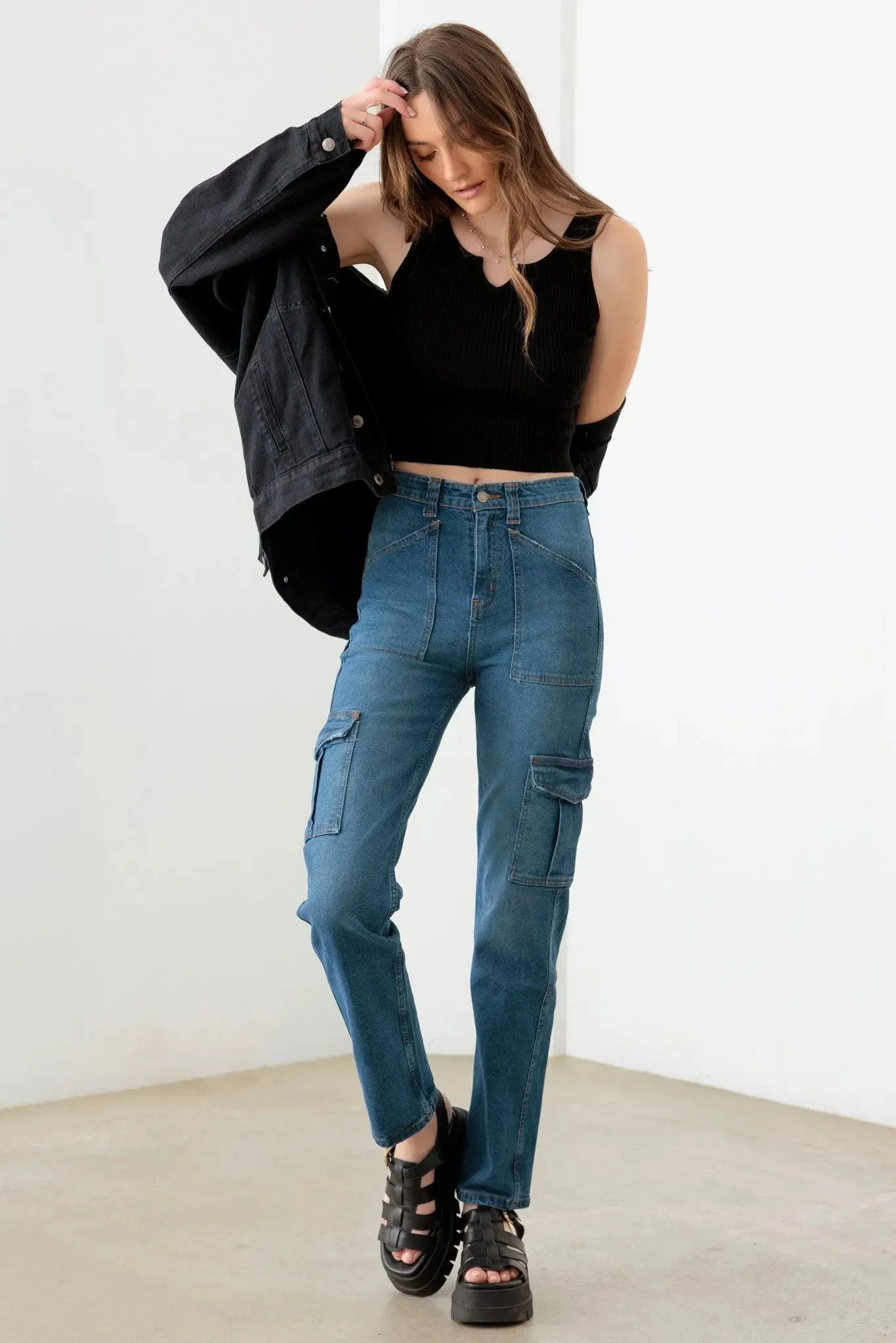 Dark Blue Cotton High Rise Wide Cargo Jeans