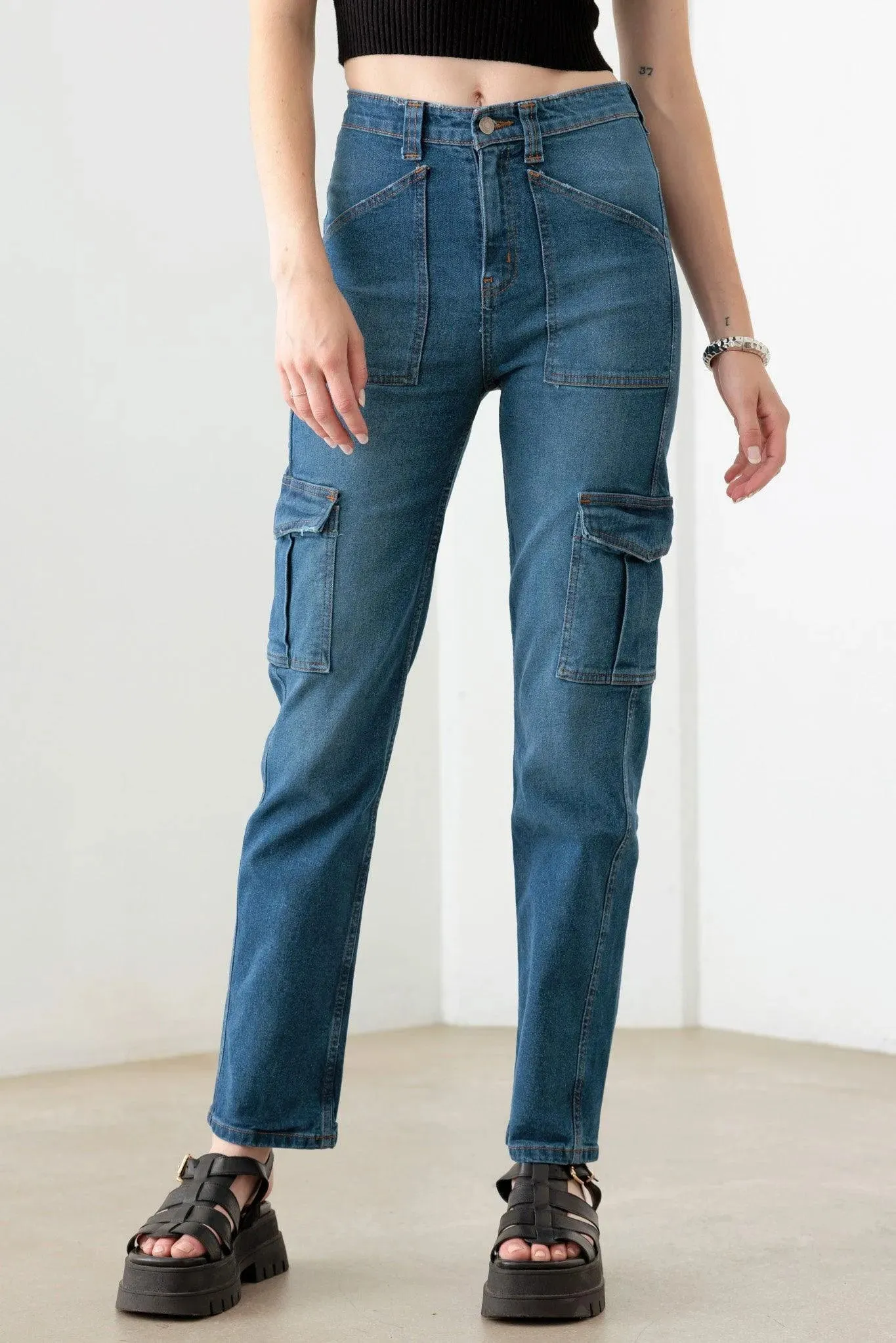 Dark Blue Cotton High Rise Wide Cargo Jeans