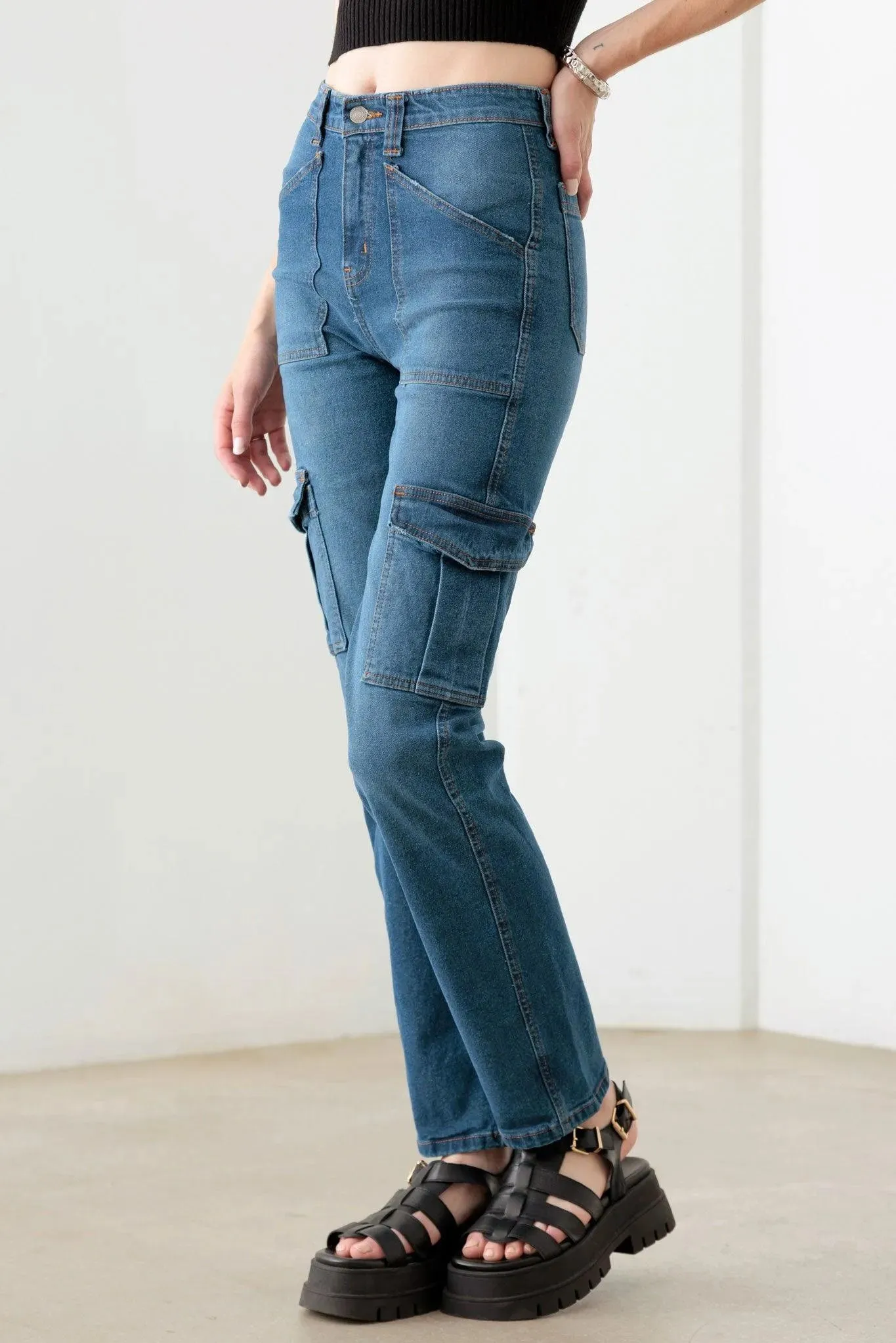 Dark Blue Cotton High Rise Wide Cargo Jeans
