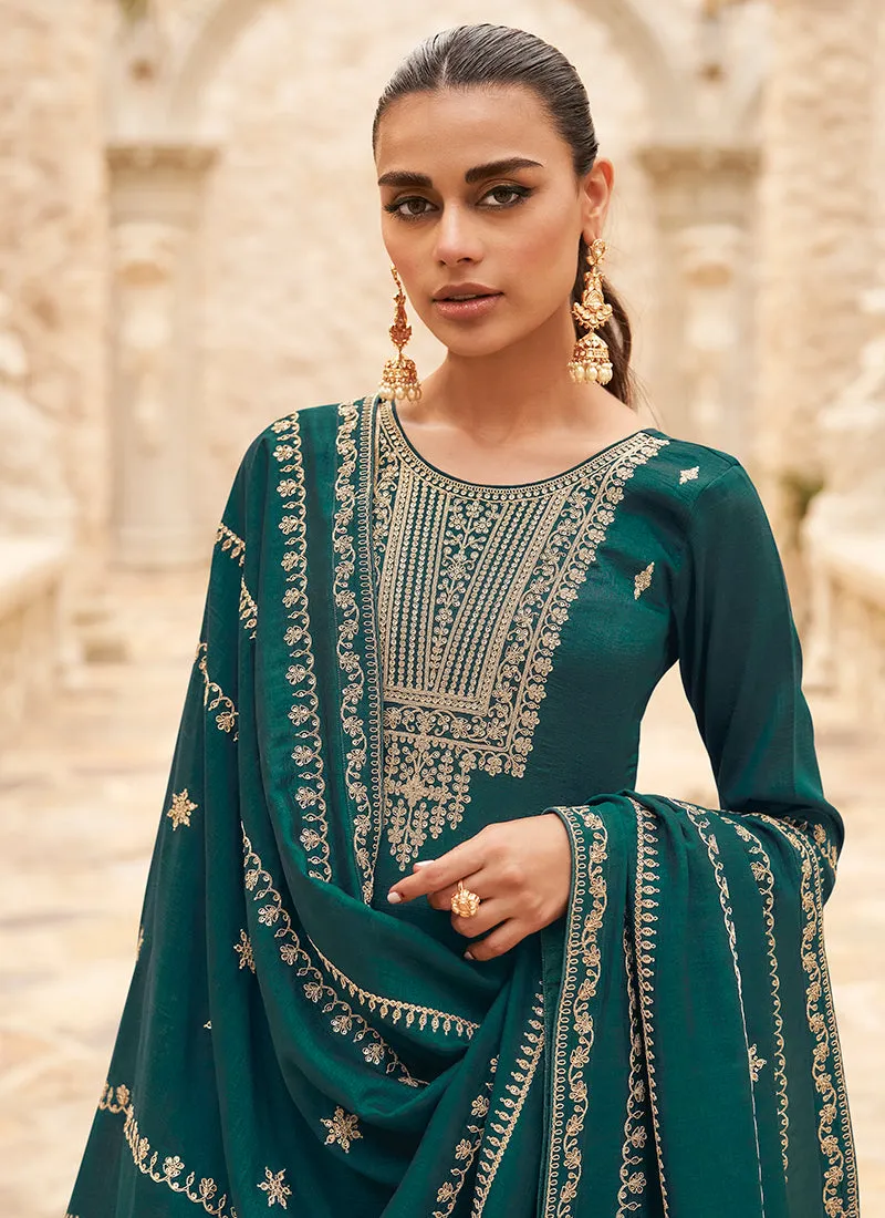 Dark Green Traditional Embroidery Palazzo Style Suit