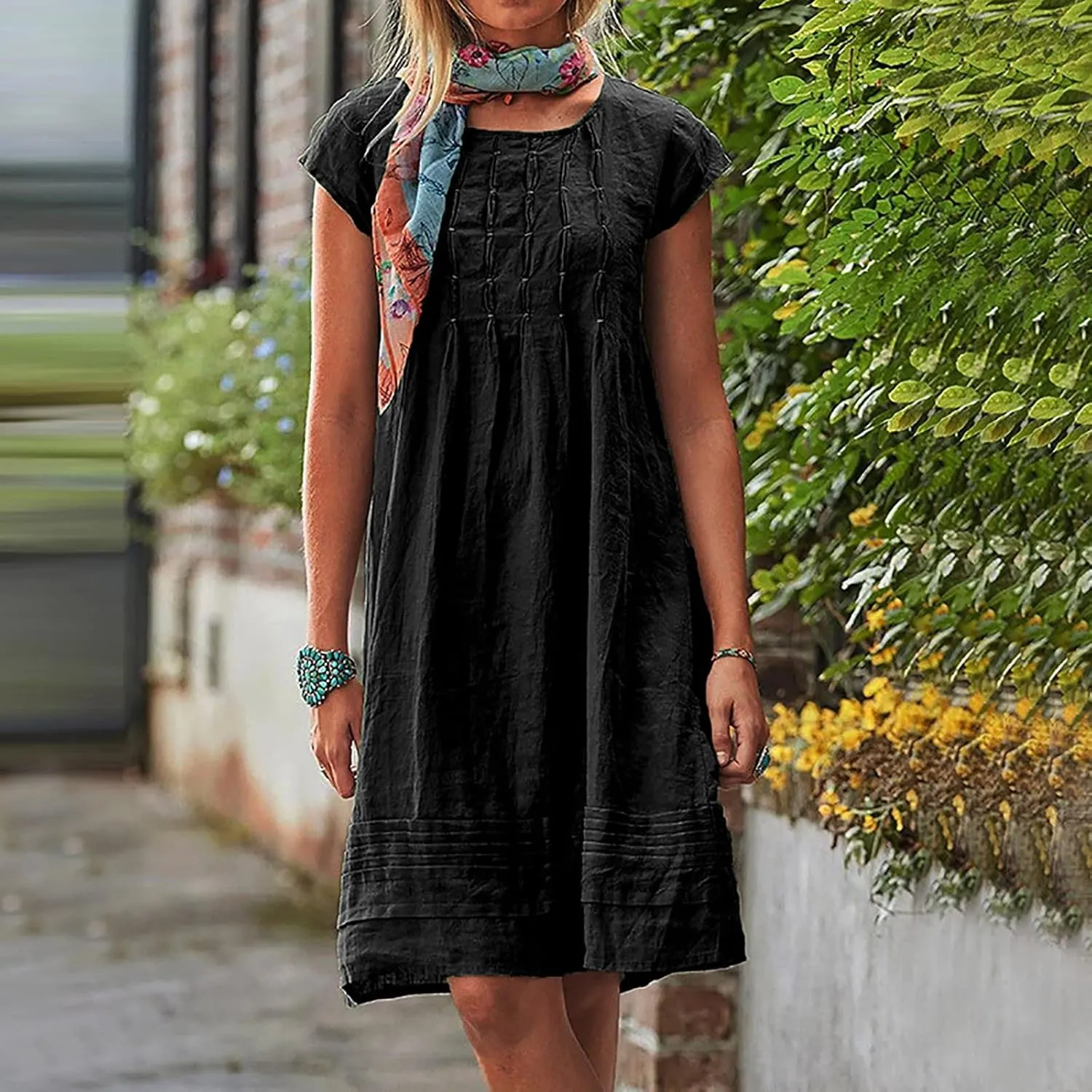 DDAPJ pyju Womens Linen Dress Summer Casual Pleated Round Neck Short Sleeve Mini Dress Loose Beach Vacation Sundress