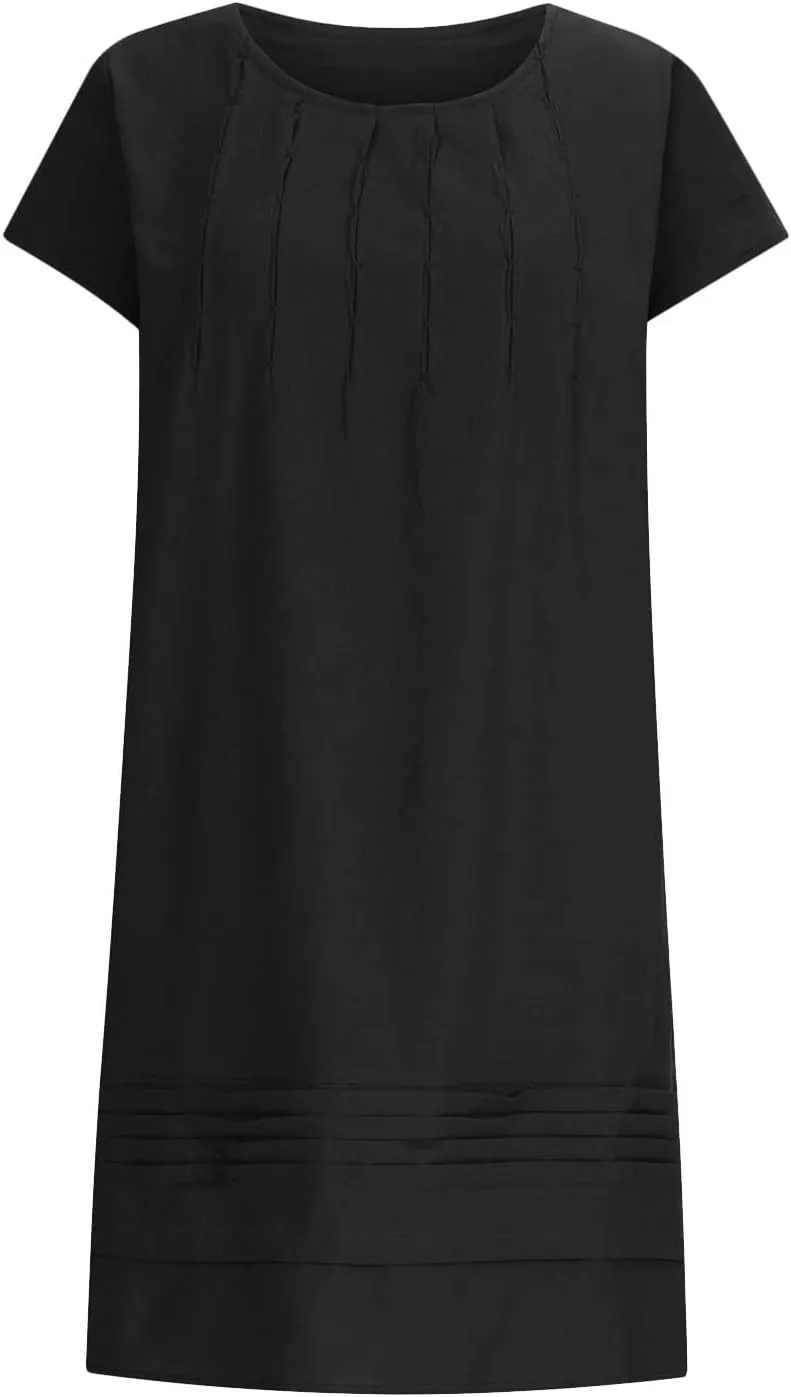 DDAPJ pyju Womens Linen Dress Summer Casual Pleated Round Neck Short Sleeve Mini Dress Loose Beach Vacation Sundress