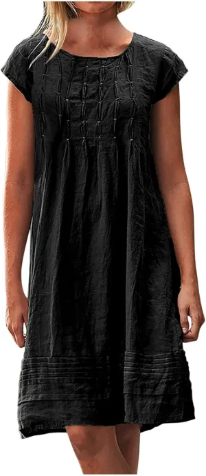 DDAPJ pyju Womens Linen Dress Summer Casual Pleated Round Neck Short Sleeve Mini Dress Loose Beach Vacation Sundress
