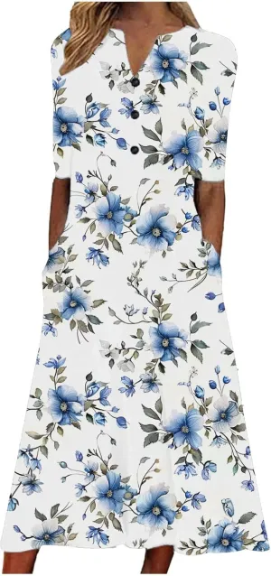Floral Print Boho Dress for Women 2025 Casual Summer Midi Dress Loose Flowy Long Dresses with Pockets Tshirts Dresses