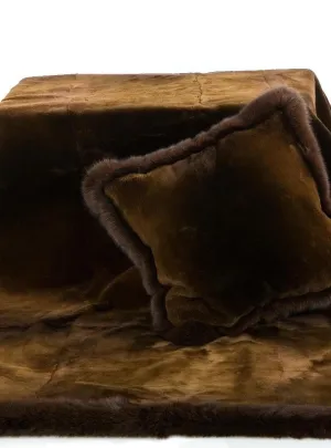 Golden Brown Sheared Beaver Fur Blanket with Brown Fox Fur Trim