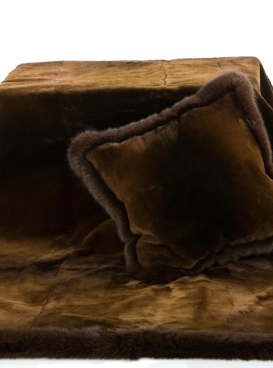 Golden Brown Sheared Beaver Fur Blanket with Brown Fox Fur Trim