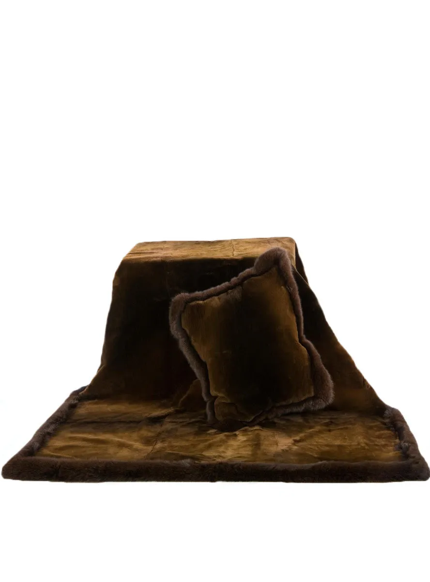 Golden Brown Sheared Beaver Fur Blanket with Brown Fox Fur Trim