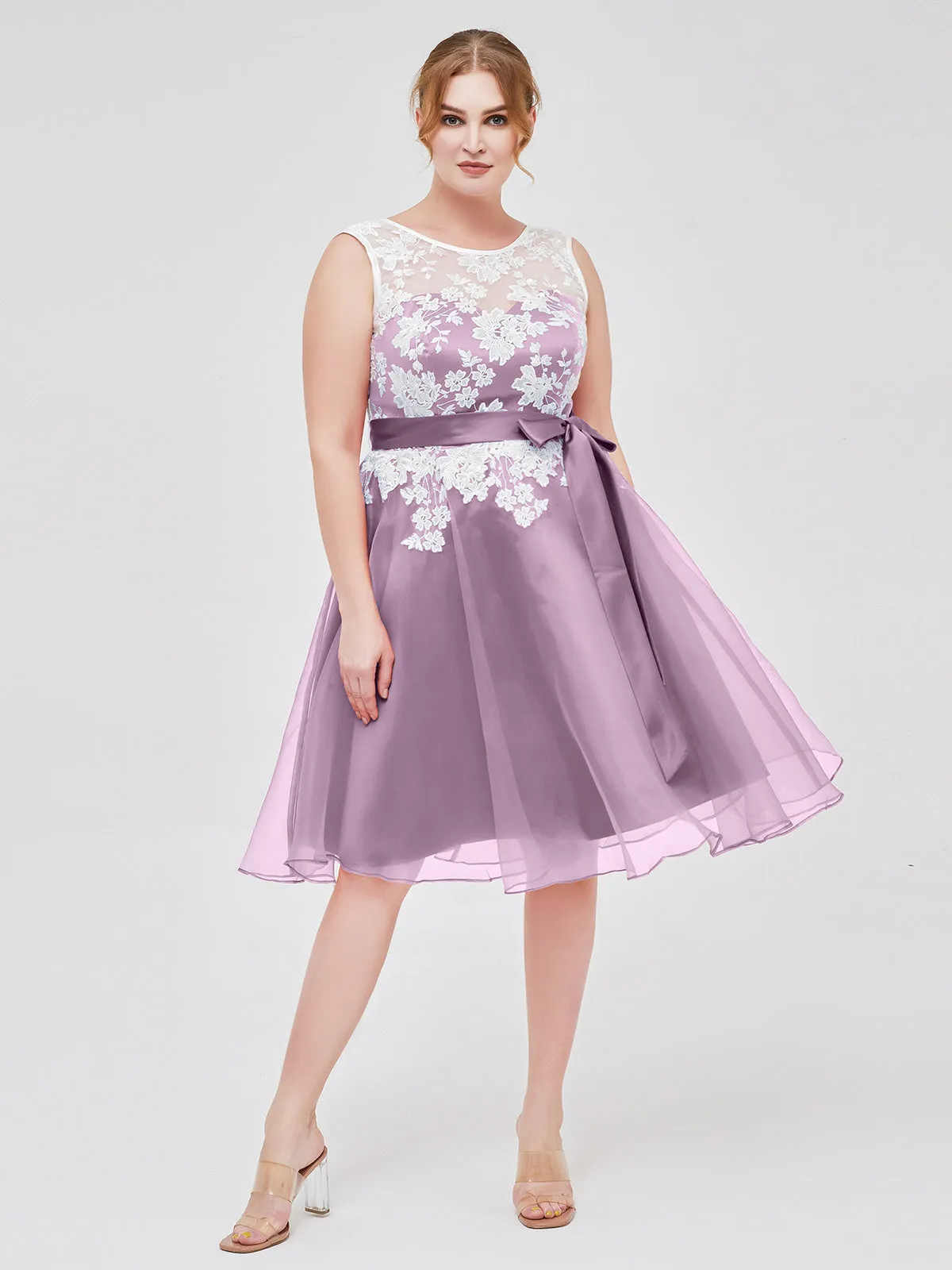 Illusion Neck Organza with Ivory Lace Appliqued Wisteria Plus Size