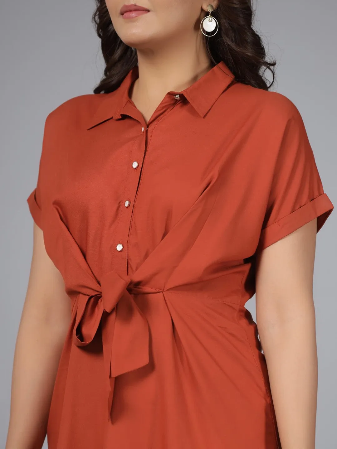 Juniper Rust Solid A-Lined Rayon Dress With Contrast Buttons & Front Tie Ups