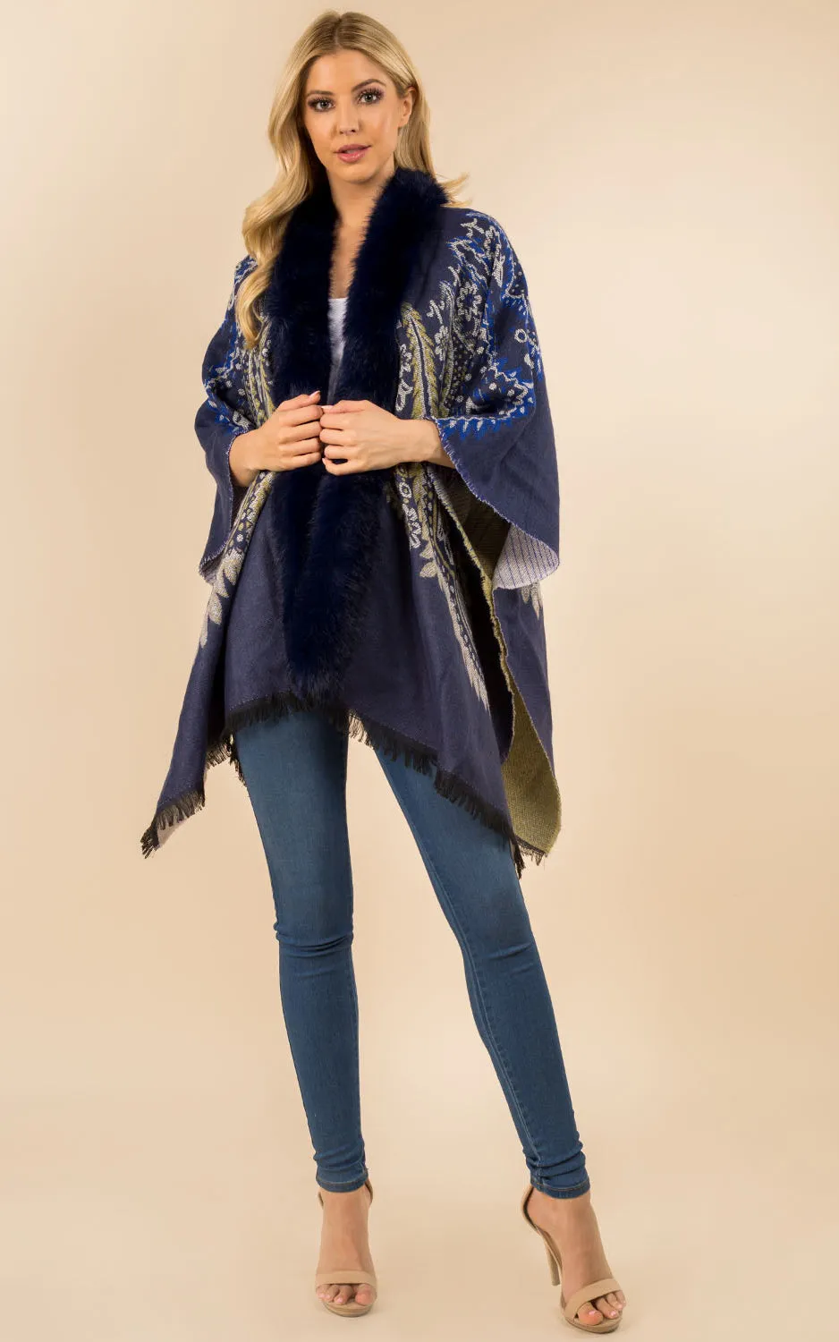 KA3353 Printed Faux Fur Trim Ruana Shawl