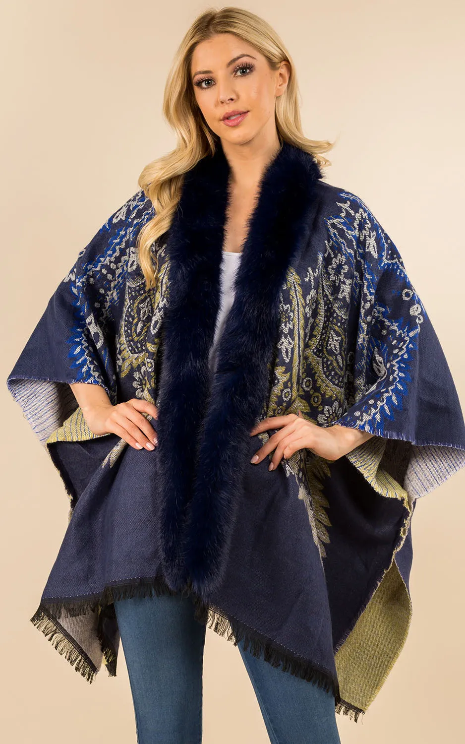 KA3353 Printed Faux Fur Trim Ruana Shawl