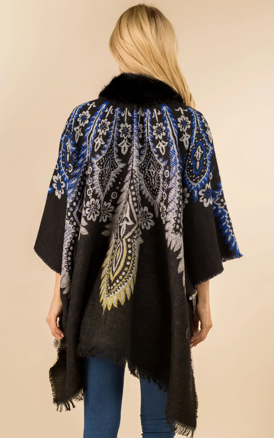 KA3353 Printed Faux Fur Trim Ruana Shawl