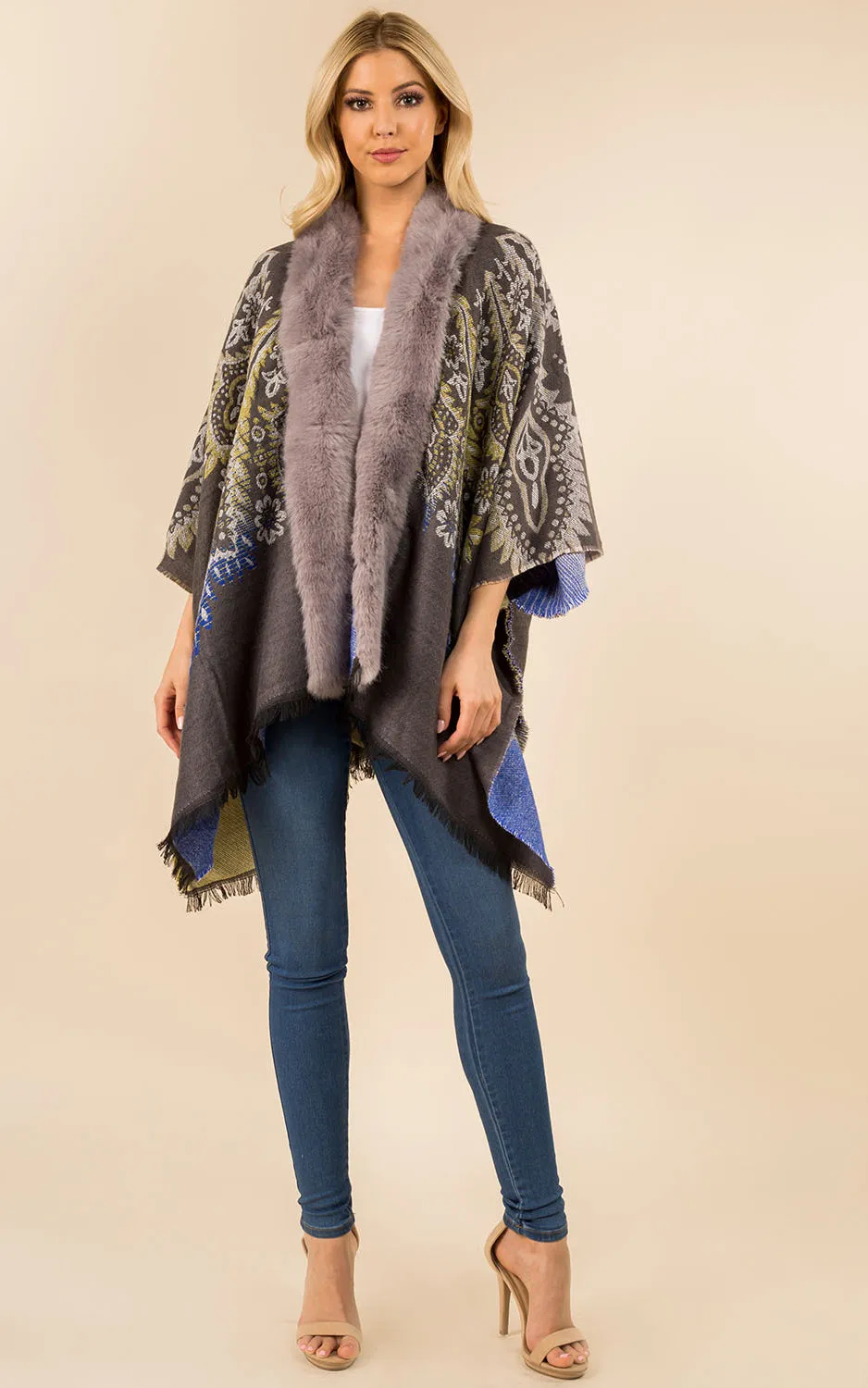 KA3353 Printed Faux Fur Trim Ruana Shawl