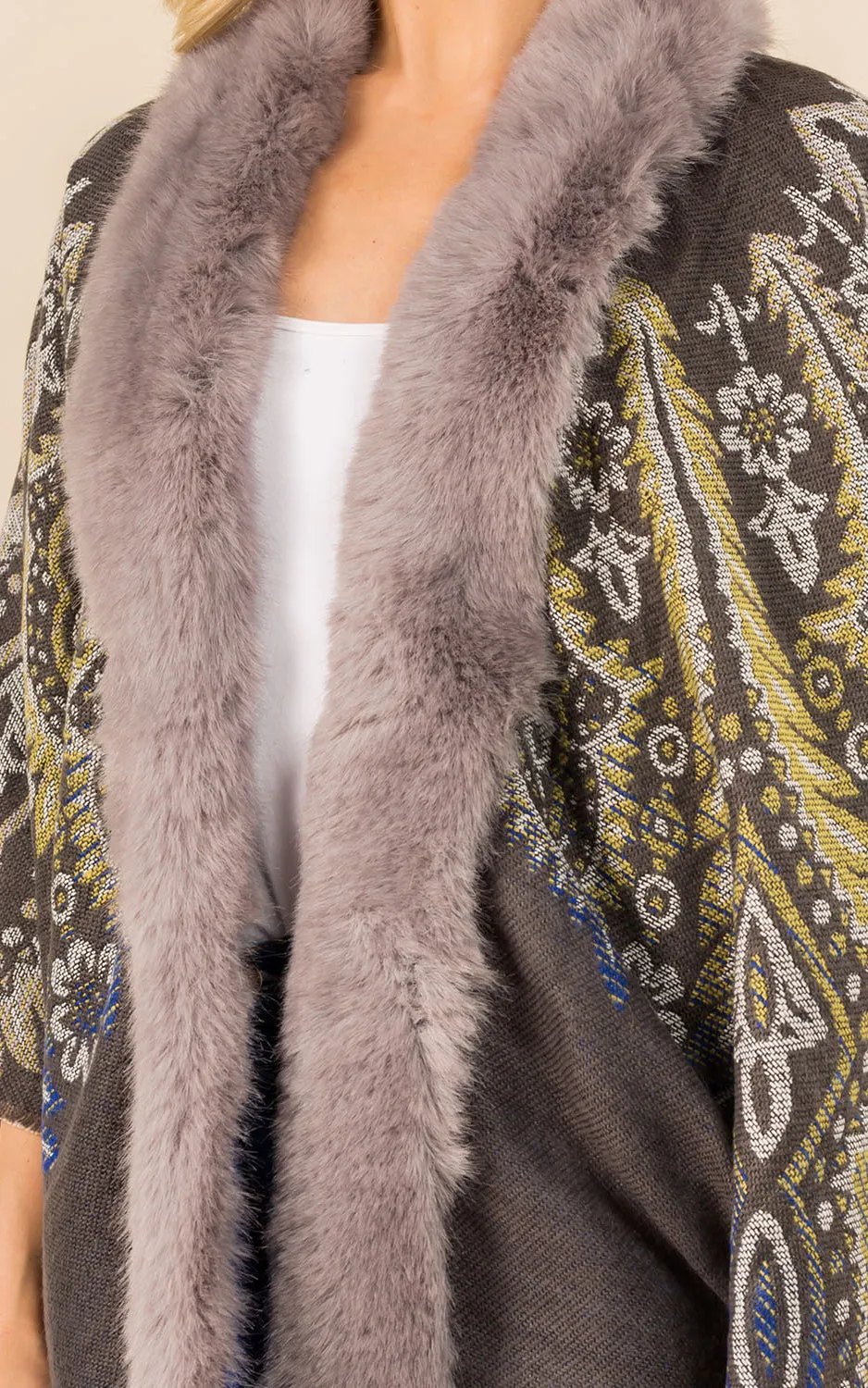KA3353 Printed Faux Fur Trim Ruana Shawl