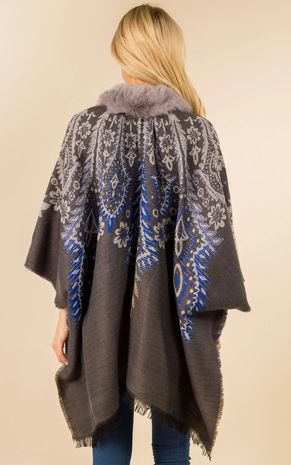 KA3353 Printed Faux Fur Trim Ruana Shawl