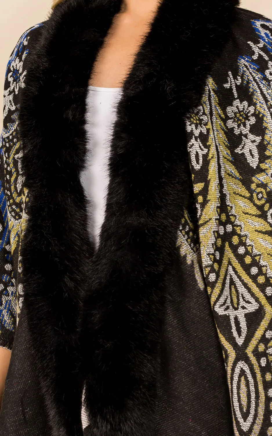 KA3353 Printed Faux Fur Trim Ruana Shawl
