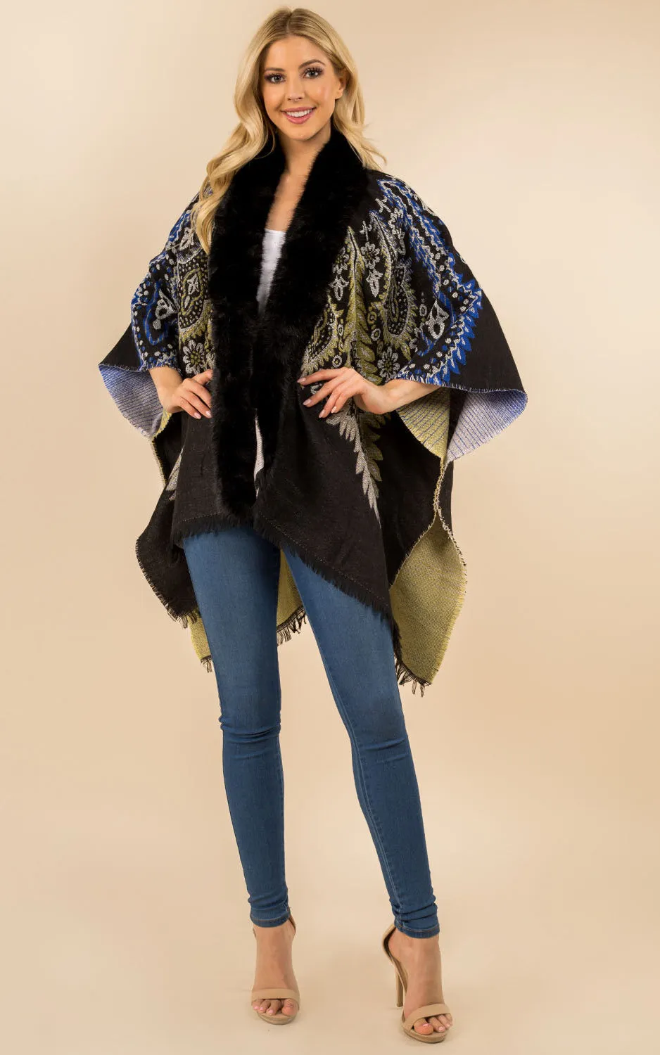 KA3353 Printed Faux Fur Trim Ruana Shawl