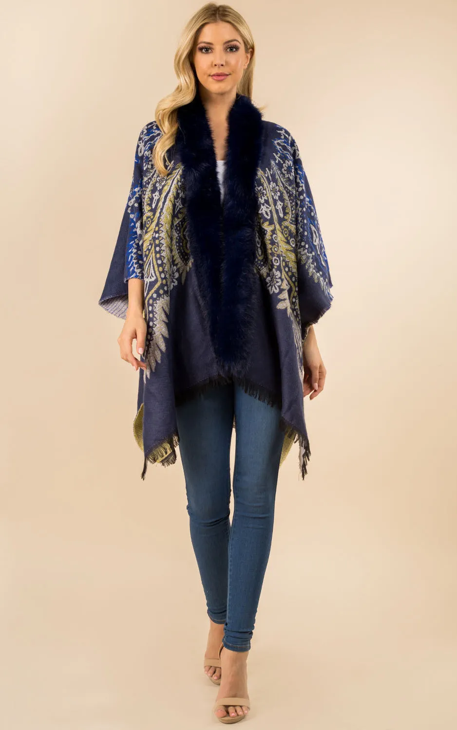 KA3353 Printed Faux Fur Trim Ruana Shawl