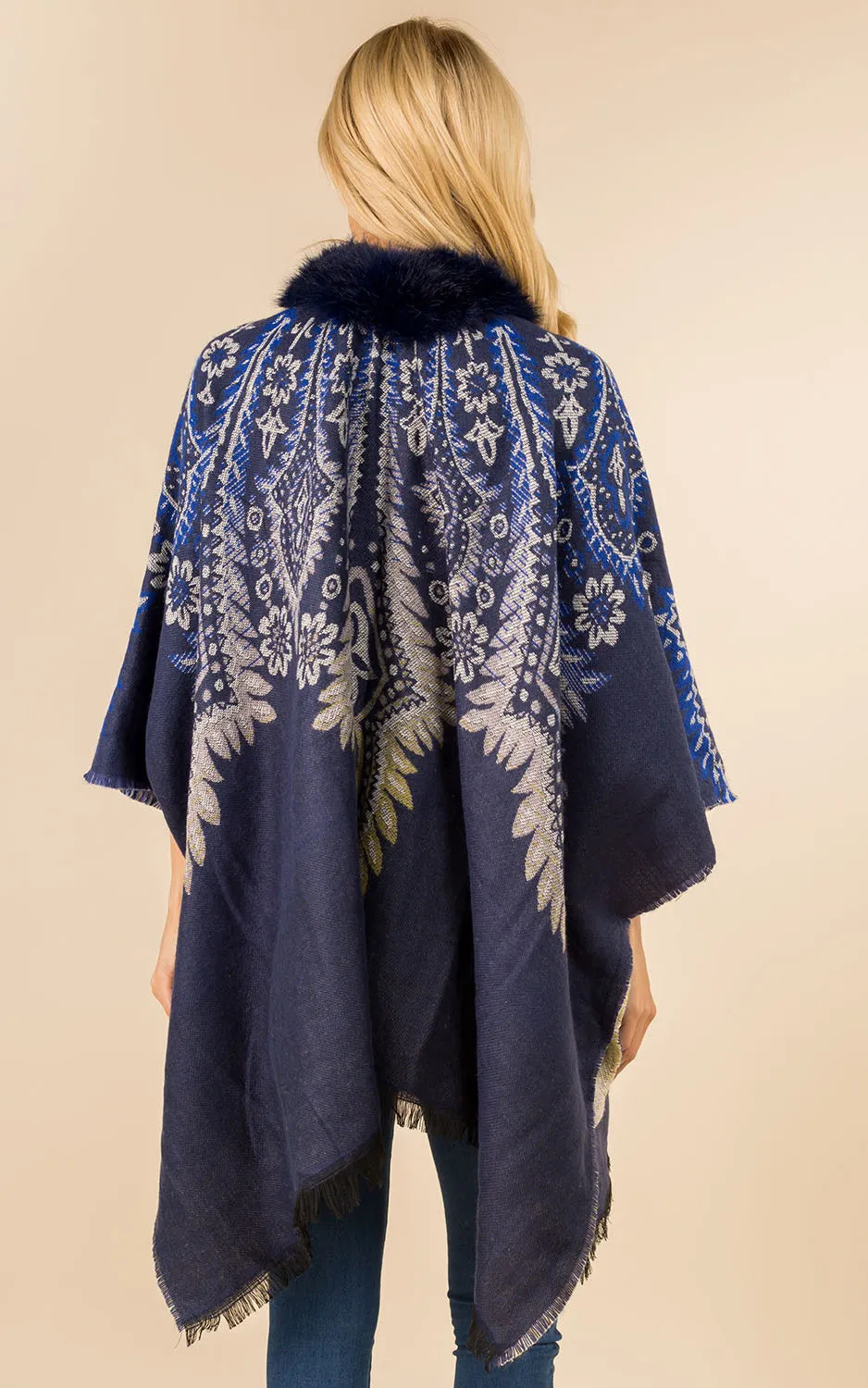 KA3353 Printed Faux Fur Trim Ruana Shawl