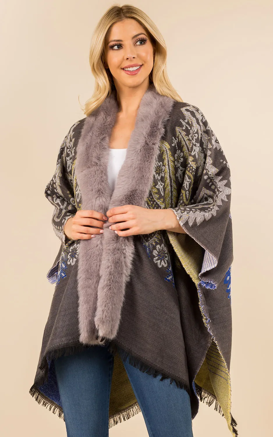 KA3353 Printed Faux Fur Trim Ruana Shawl