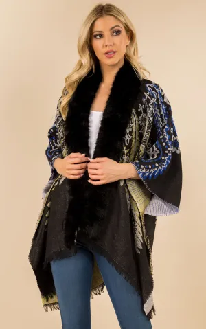 KA3353 Printed Faux Fur Trim Ruana Shawl