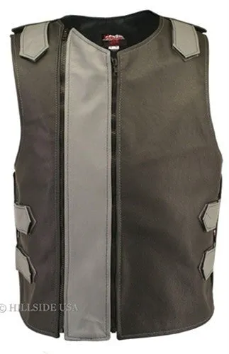 Made in USA Dual Front Zipper Bulletproof Style Leather Biker Vest Black/White