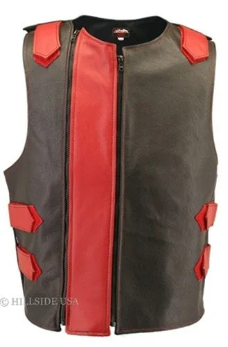 Made in USA Dual Front Zipper Bulletproof Style Leather Biker Vest Black/White