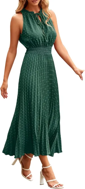 Maxi Dresses for Women Halter Neck Swiss Dot Ruffle Sleeveless Dresses A Line Flowy Beach Vacation Long Dress