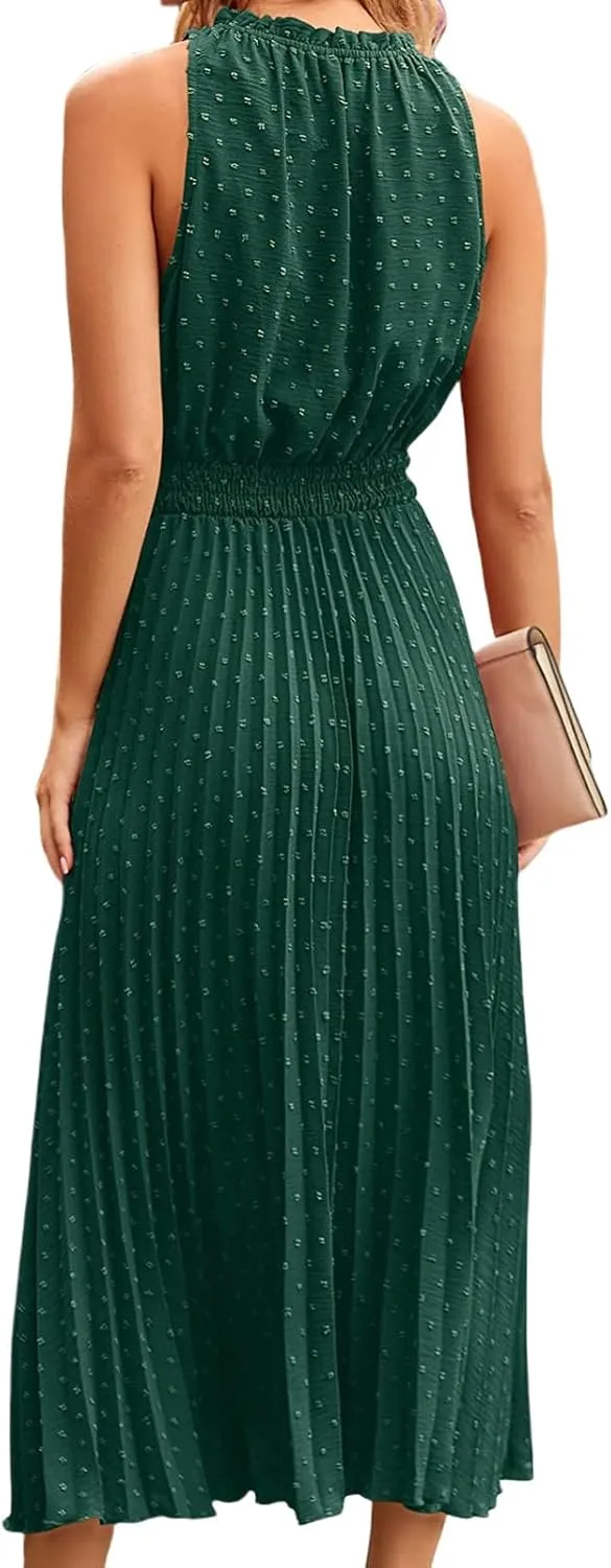 Maxi Dresses for Women Halter Neck Swiss Dot Ruffle Sleeveless Dresses A Line Flowy Beach Vacation Long Dress