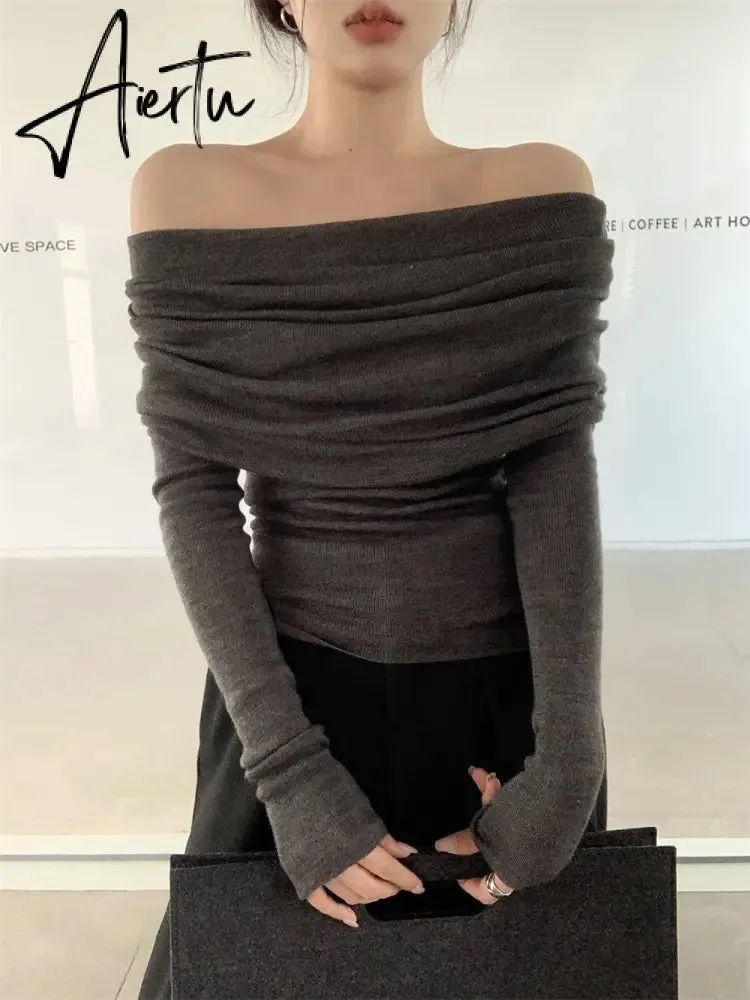 Off-the-shoulder French One-shoulder Sweater Women's New Design Autumn Winter Knitt Undershirts
