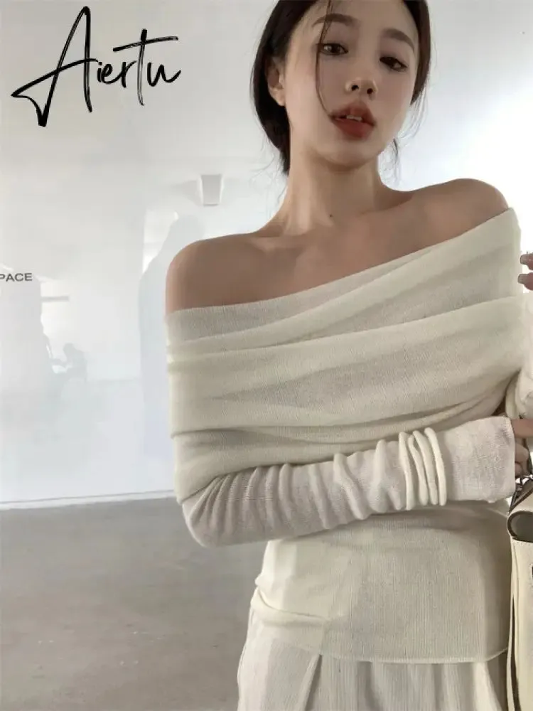 Off-the-shoulder French One-shoulder Sweater Women's New Design Autumn Winter Knitt Undershirts