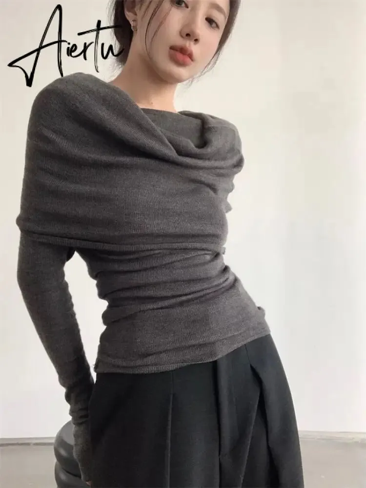 Off-the-shoulder French One-shoulder Sweater Women's New Design Autumn Winter Knitt Undershirts
