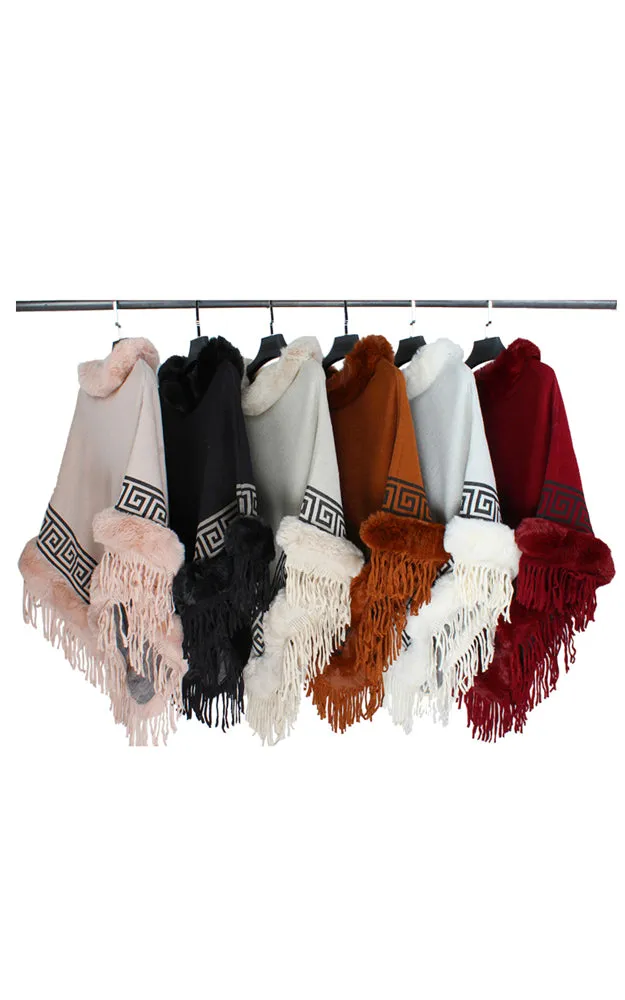 P1775 Geo Pattern Comfy Fur Trim Poncho 6pcs Pack