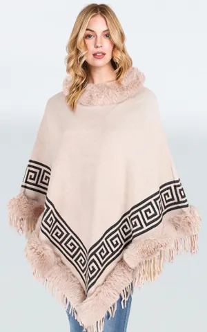 P1775 Geo Pattern Comfy Fur Trim Poncho 6pcs Pack