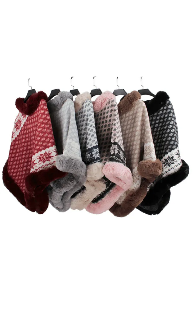 P1810 Snowflake Pattern Comfy Fur Trim Poncho 6pcs Pack